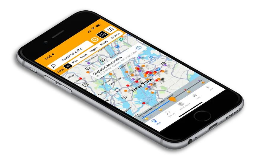 The Finding Beer app showing breweries as colored pins on a map of New York